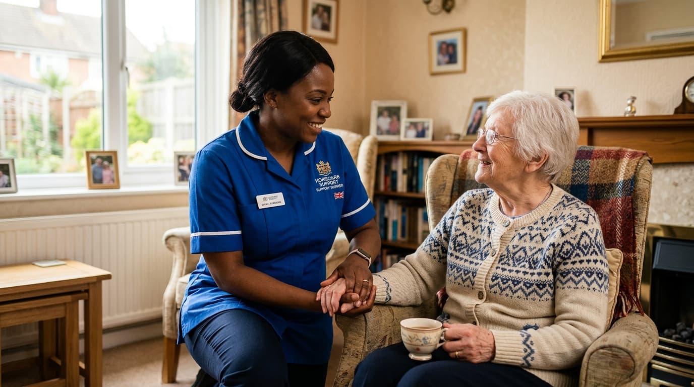 Compassionate home care support worker assisting an elderly person