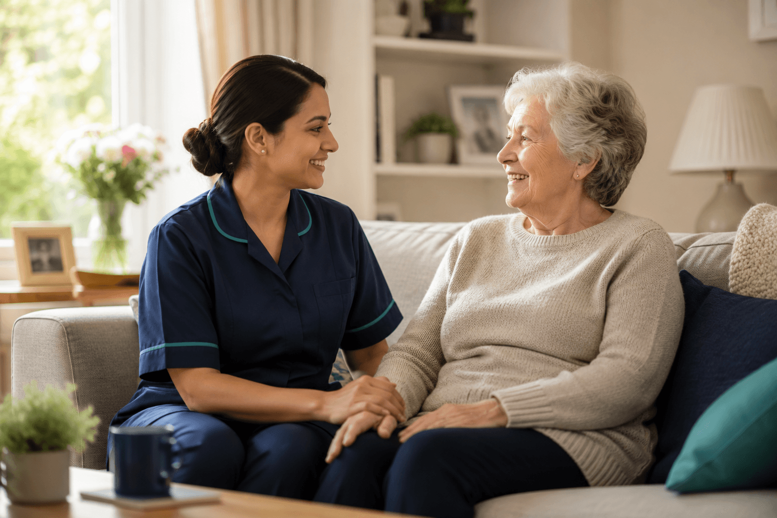 Caregiver and patient smiling